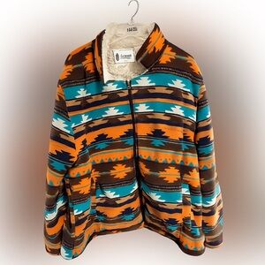 Chic Women's Aztec Fleece Jacket - Orange, Teal, Brown